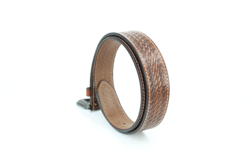 Basketweave Leather Belt with Floral Buckle