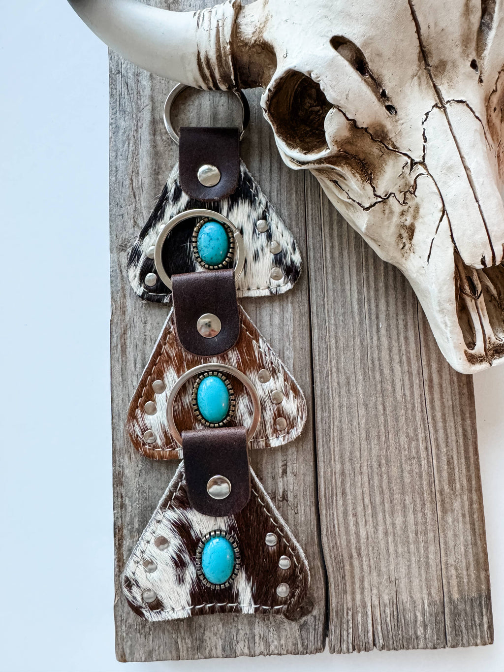 Western Hair On Cowhide Keychain Turquoise Stone