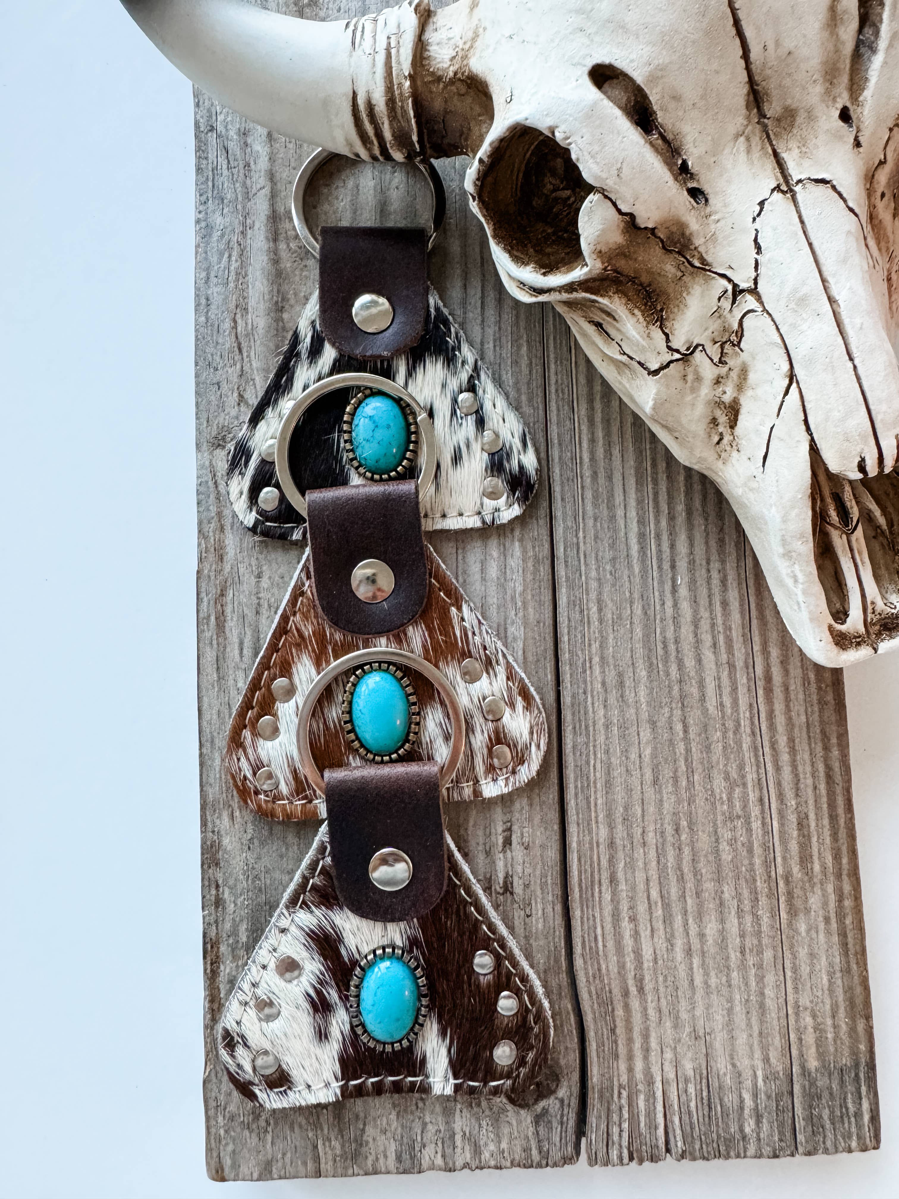 Western Hair On Cowhide Keychain Turquoise Stone