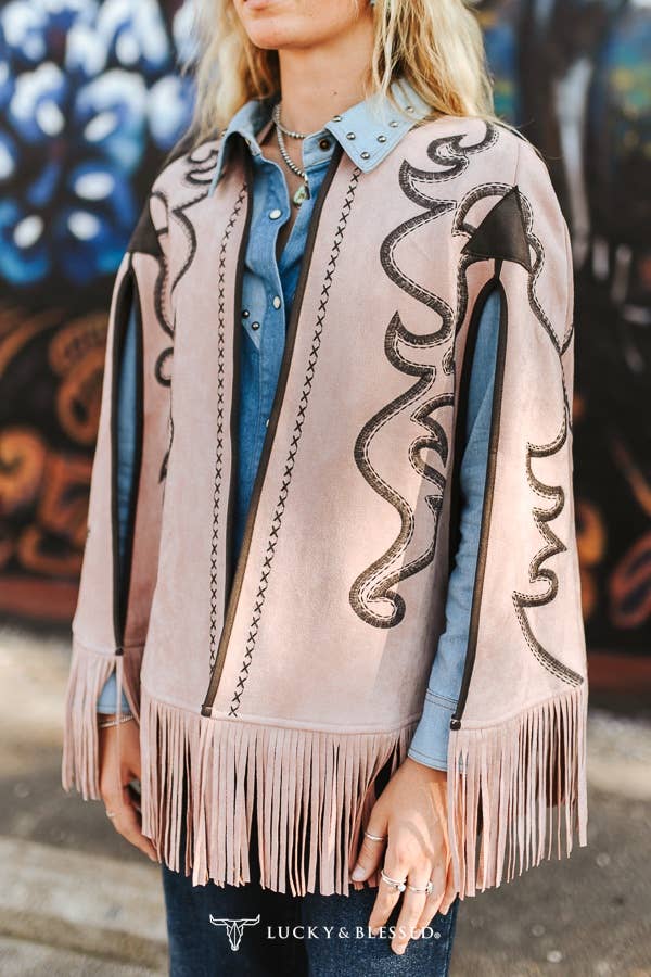 Sand Suede Black Embroidered Bootstitch Fringe Cape