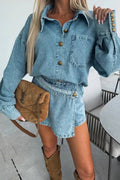 Button-Front Denim Casual Skirt Set