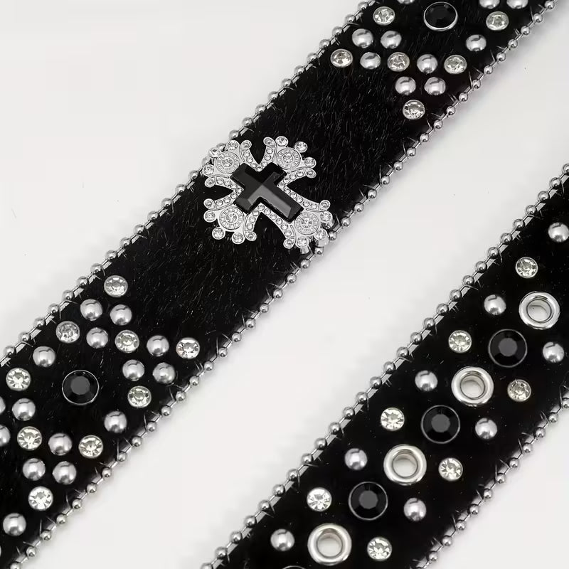 Black Cross PU Rhinestone Belt