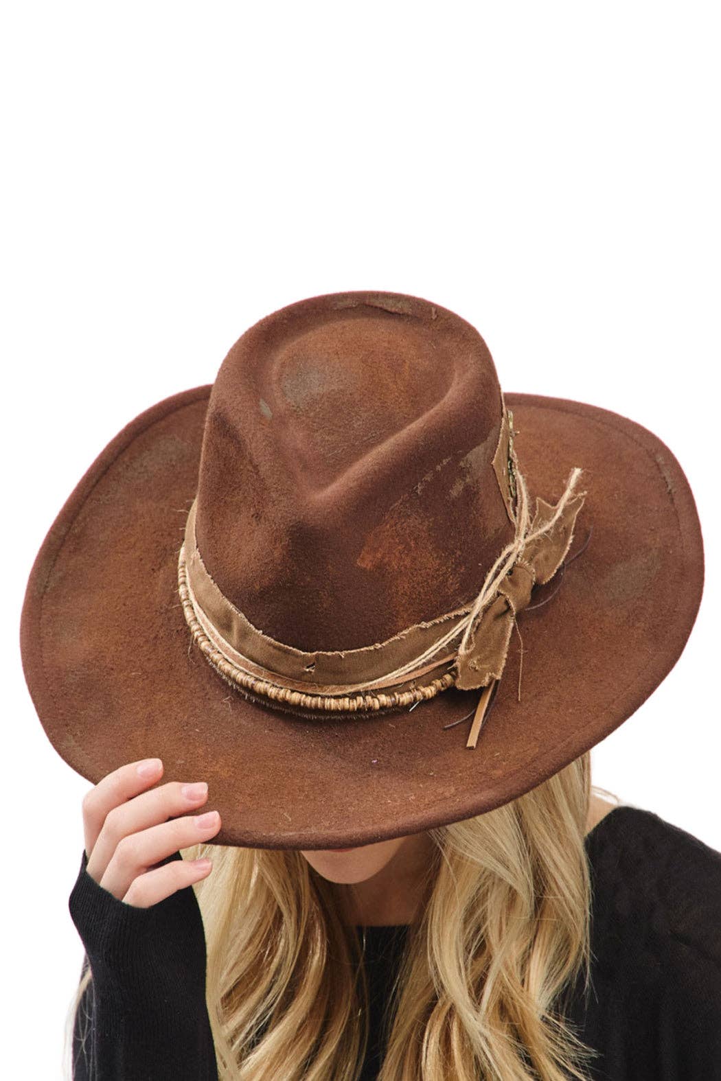 Upcycled LV Brown Distressed Fedora Hat