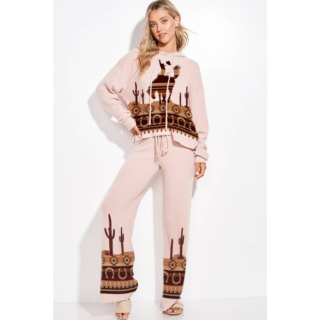 Western cowboy Print Rib Hoodie Loungewear Set