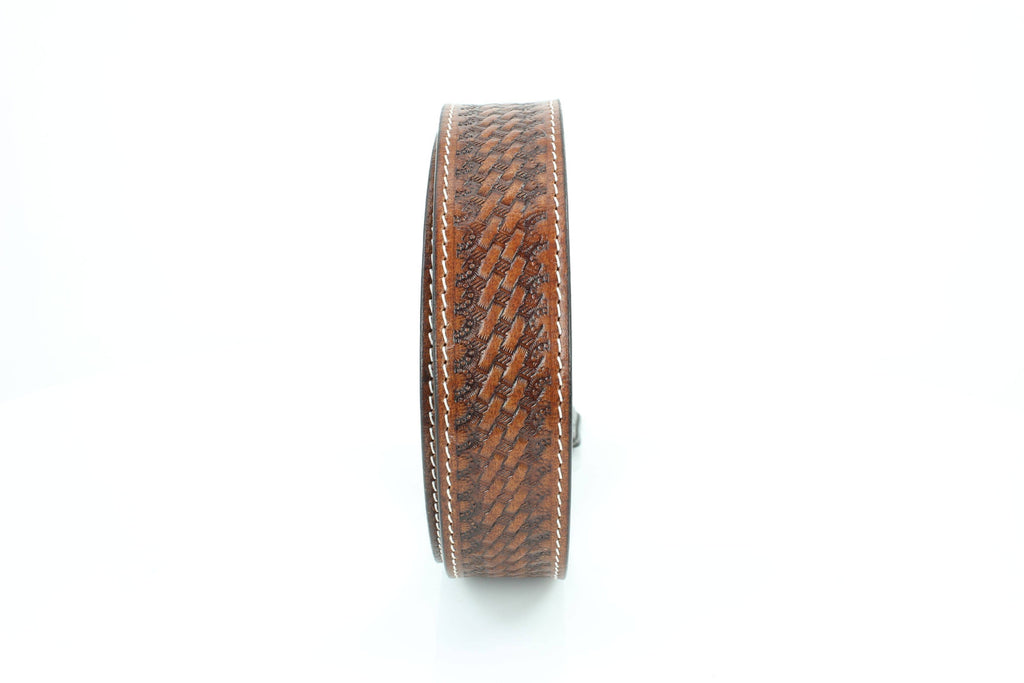Basketweave Leather Belt with Floral Buckle