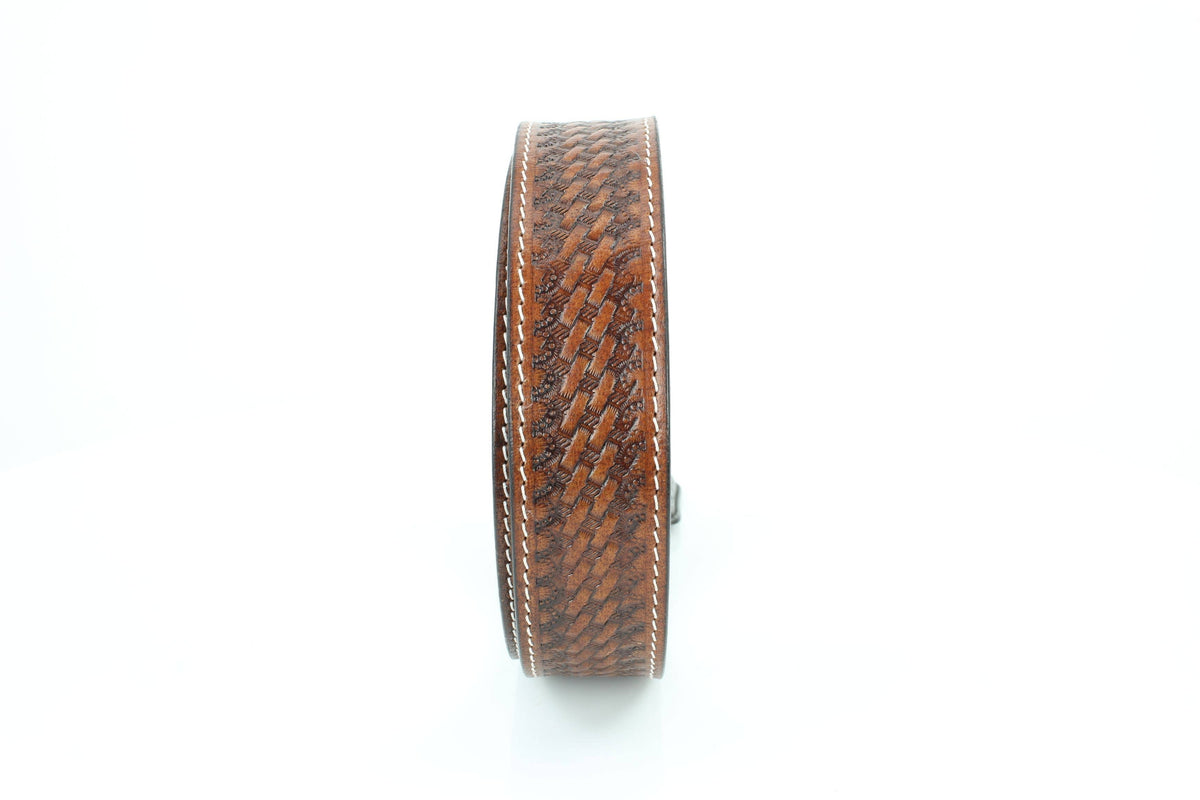 Basketweave Leather Belt with Floral Buckle