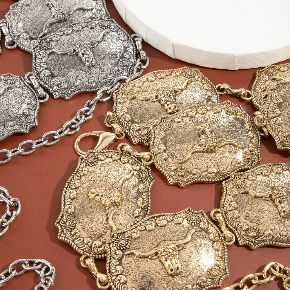 Western Longhorn Engraved Chain Belt