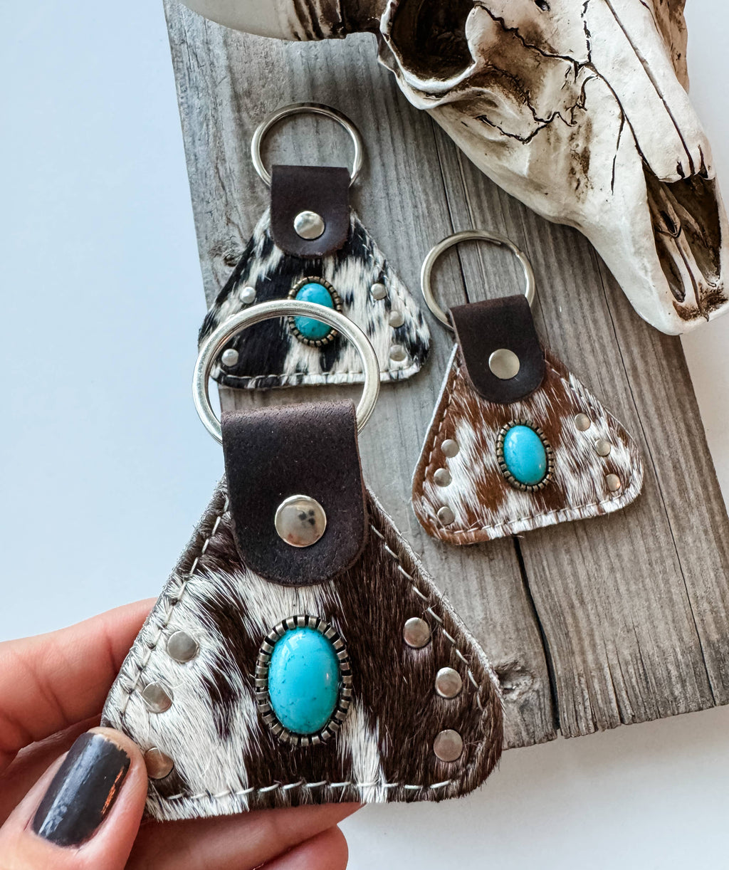 Western Hair On Cowhide Keychain Turquoise Stone