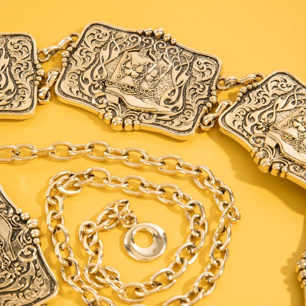 Western Engraved Cowboy Boot Chain Belt