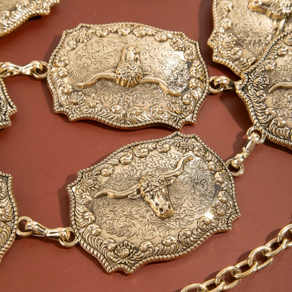 Western Longhorn Engraved Chain Belt