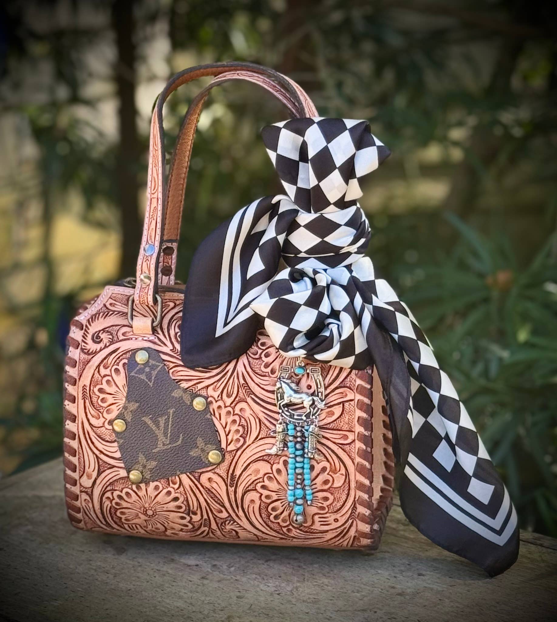 Upcycled LV Tooled Leather Speedy Crossbody Bag Western NFR