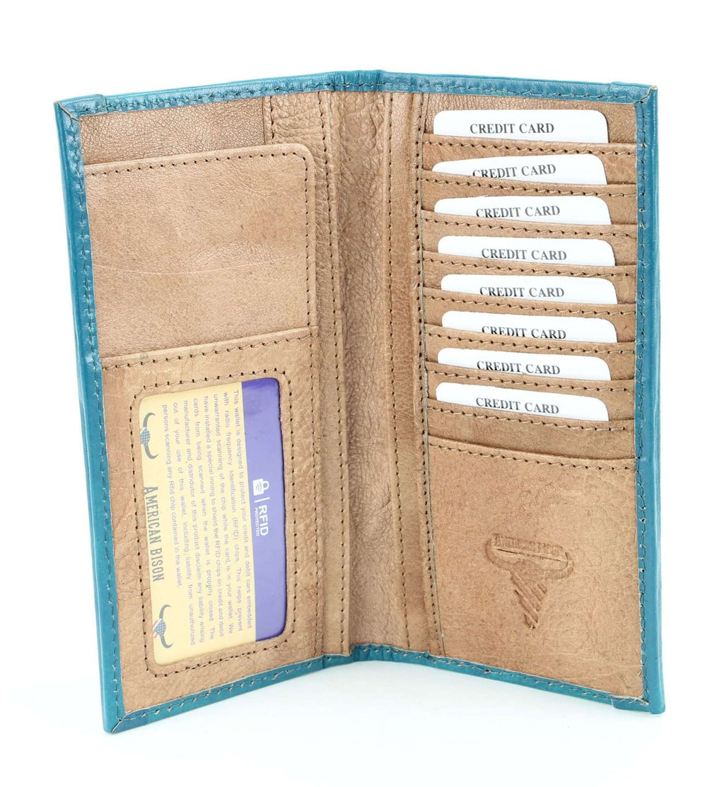 Tan tooled leather wallet with turquoise stone