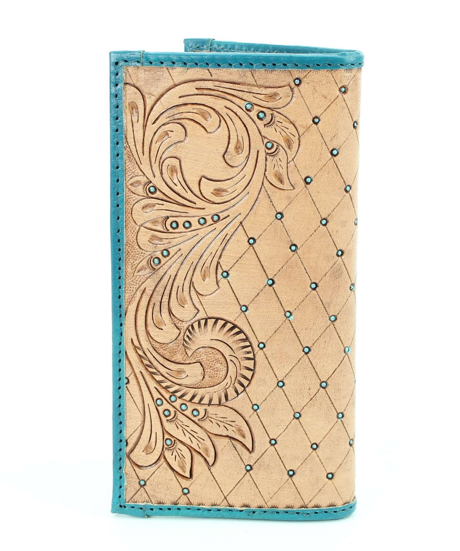 Tan tooled leather wallet with turquoise stone