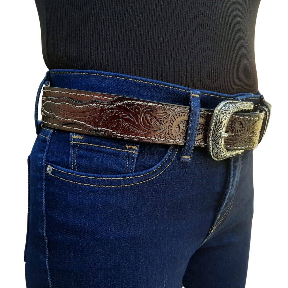 Western Leather Carved Belt - Aztec - Brown Leather