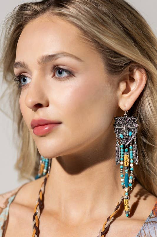 Steer Head Fringe Earrings