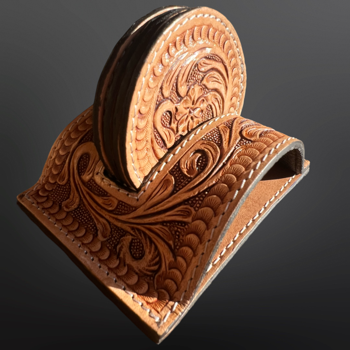 Western Tooled Leather Coasters with Stand