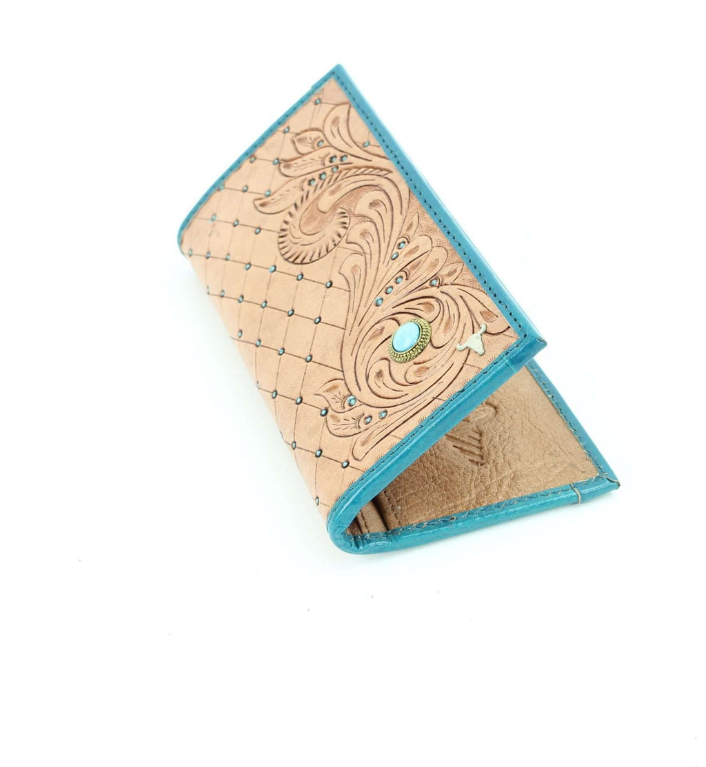 Tan tooled leather wallet with turquoise stone