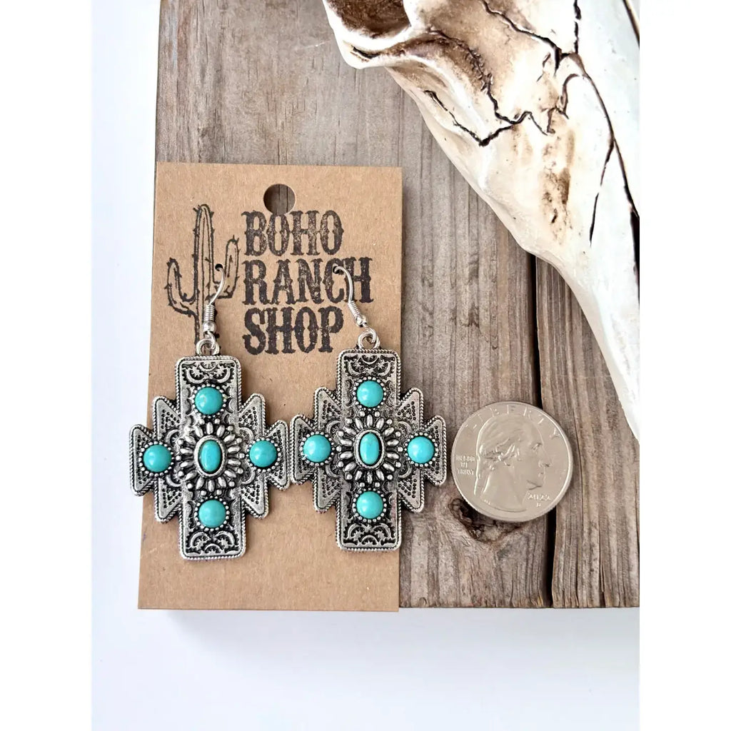 Aztec Cross Turquoise Stone Earrings