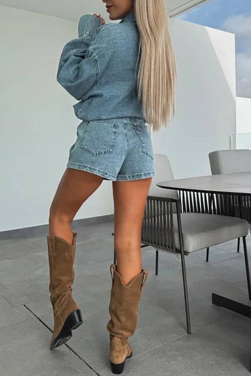 Button-Front Denim Casual Skirt Set