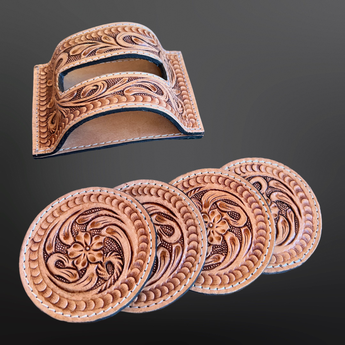 Western Tooled Leather Coasters with Stand