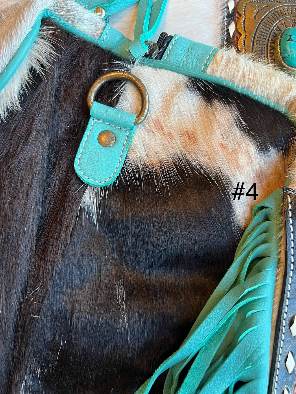 Turquoise Fringe Western Cowhide Duffle Bag