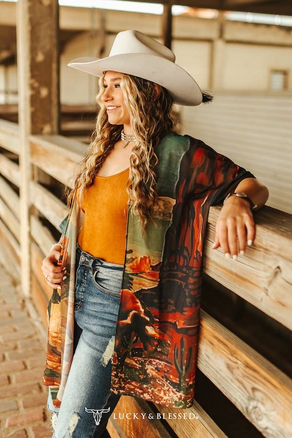 Vintage western Cowboy Desert Printed Kimono