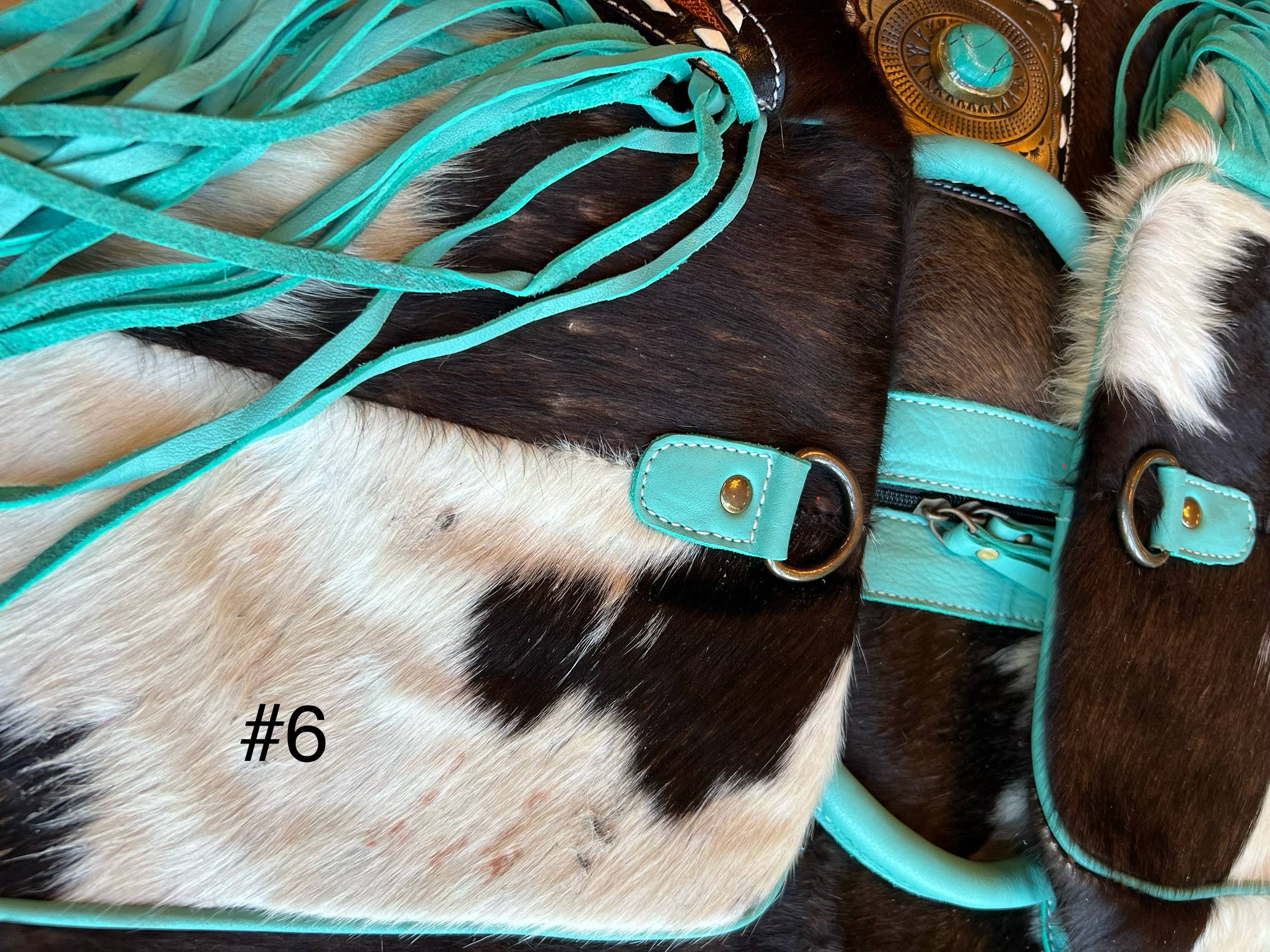 Turquoise Fringe Western Cowhide Duffle Bag