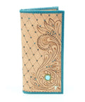 Tan tooled leather wallet with turquoise stone
