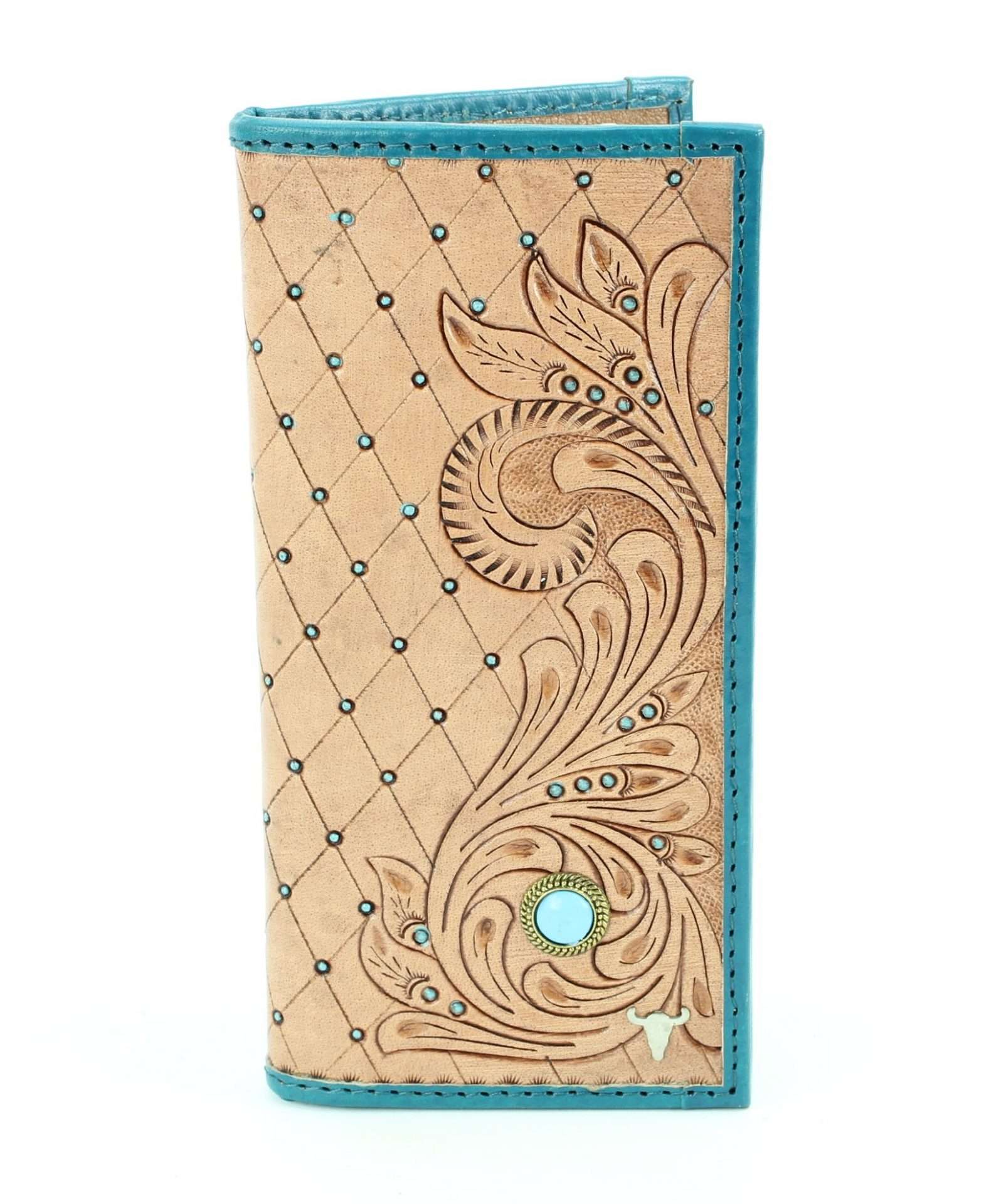 Tan tooled leather wallet with turquoise stone