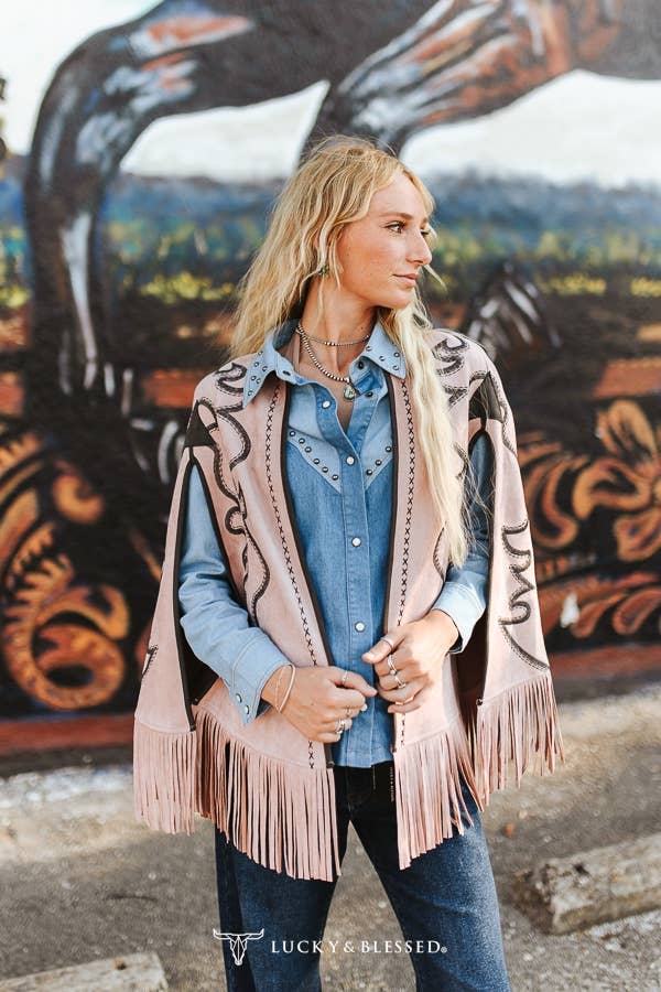 Sand Suede Black Embroidered Bootstitch Fringe Cape