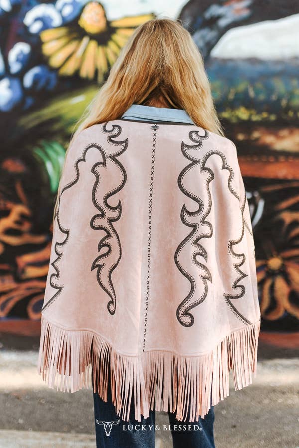 Sand Suede Black Embroidered Bootstitch Fringe Cape
