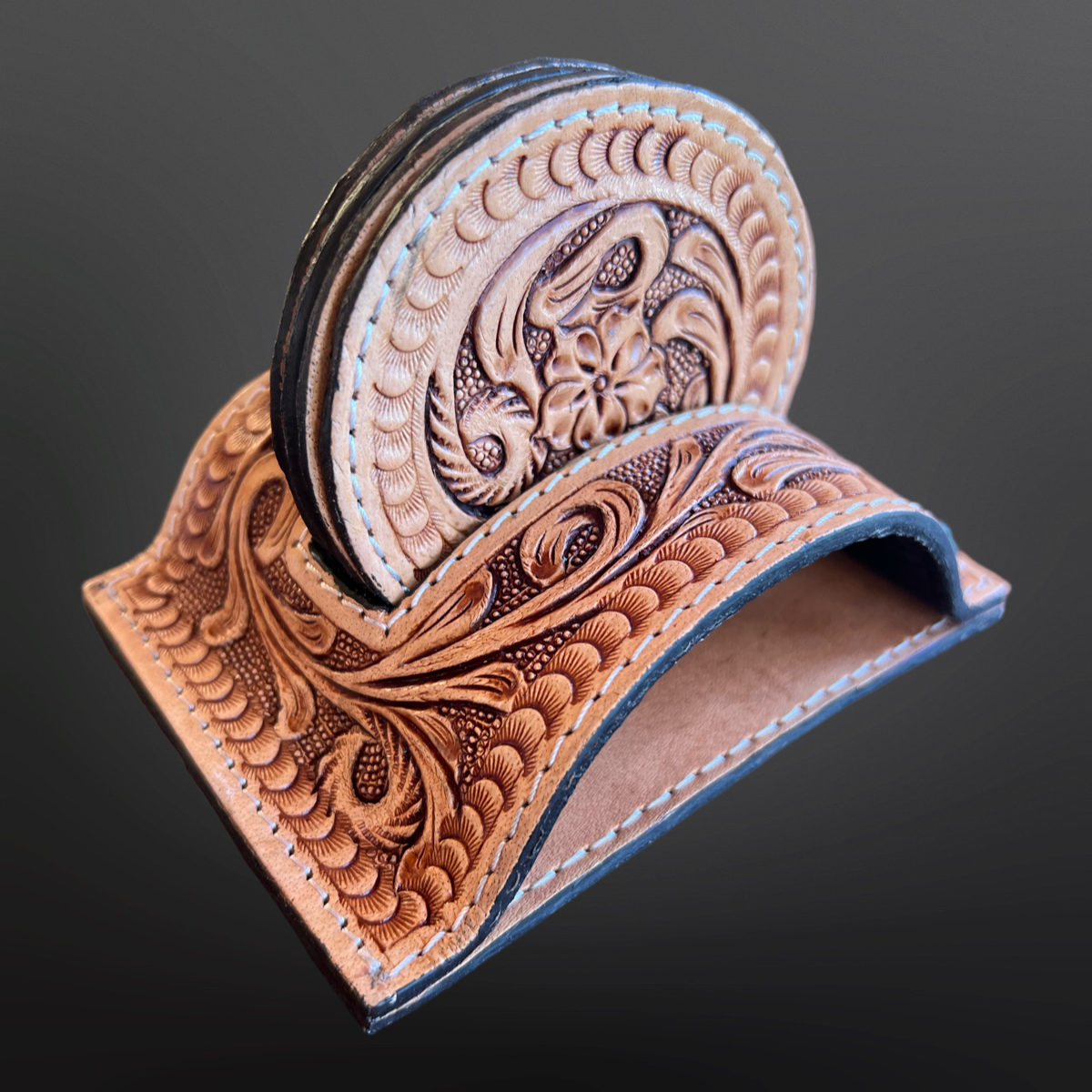 Western Tooled Leather Coasters with Stand