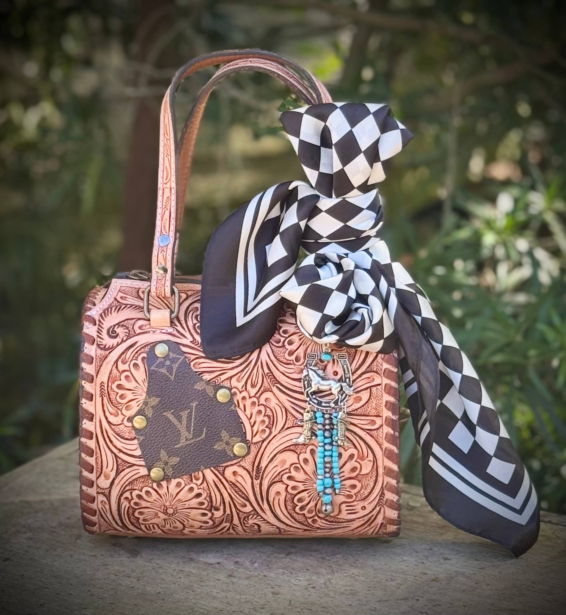 Upcycled LV Tooled Leather Speedy Crossbody Bag Western NFR