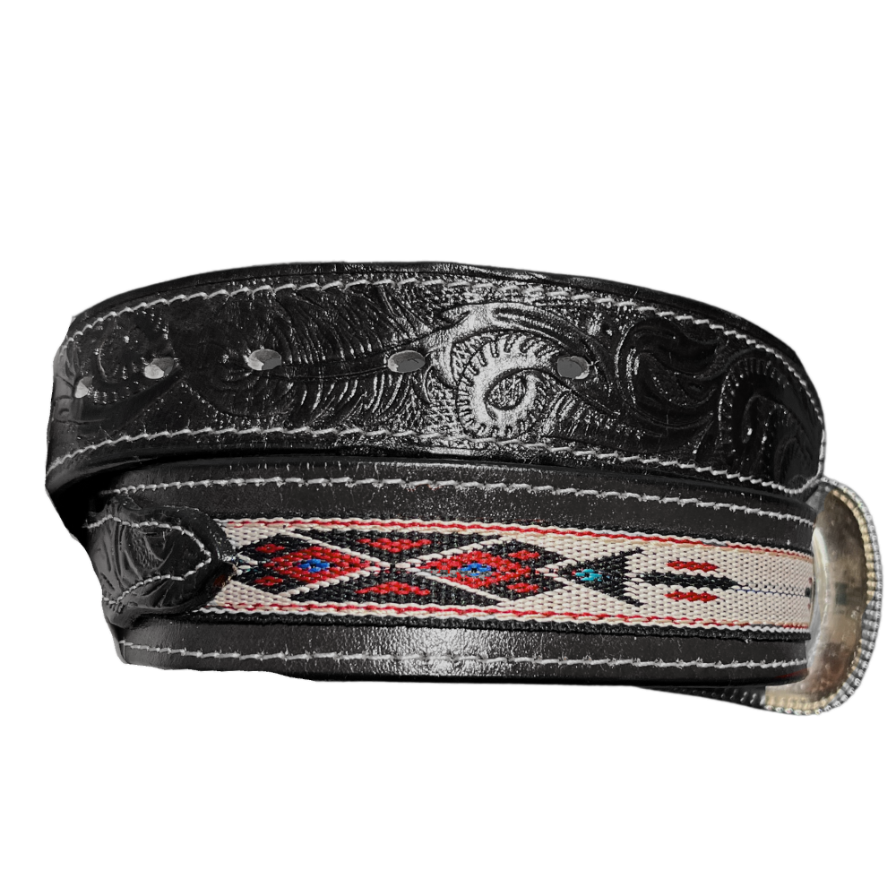 Western Leather Carved Belt - Aztec - Black Leather