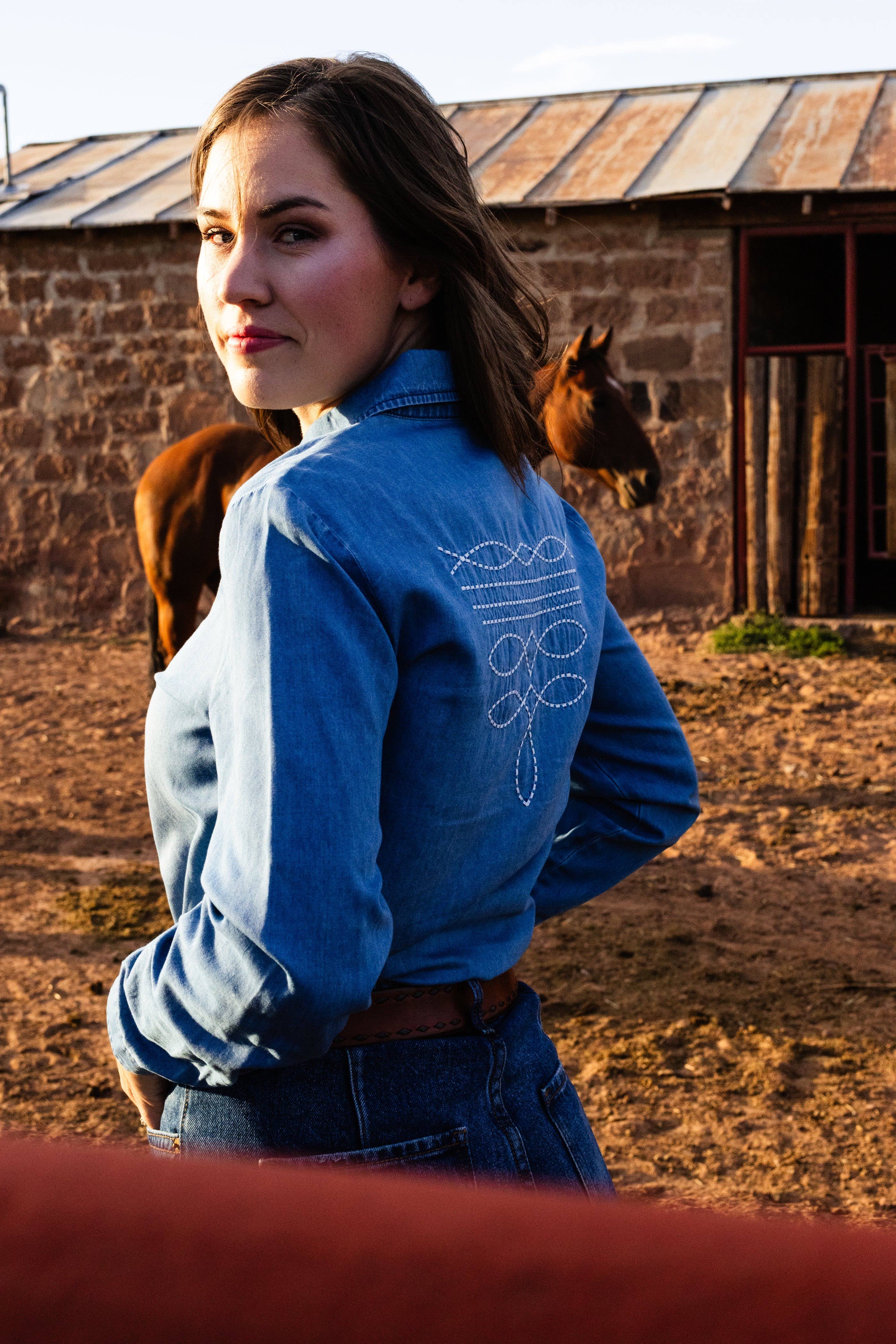 Boot Stitch denim pearl snap top