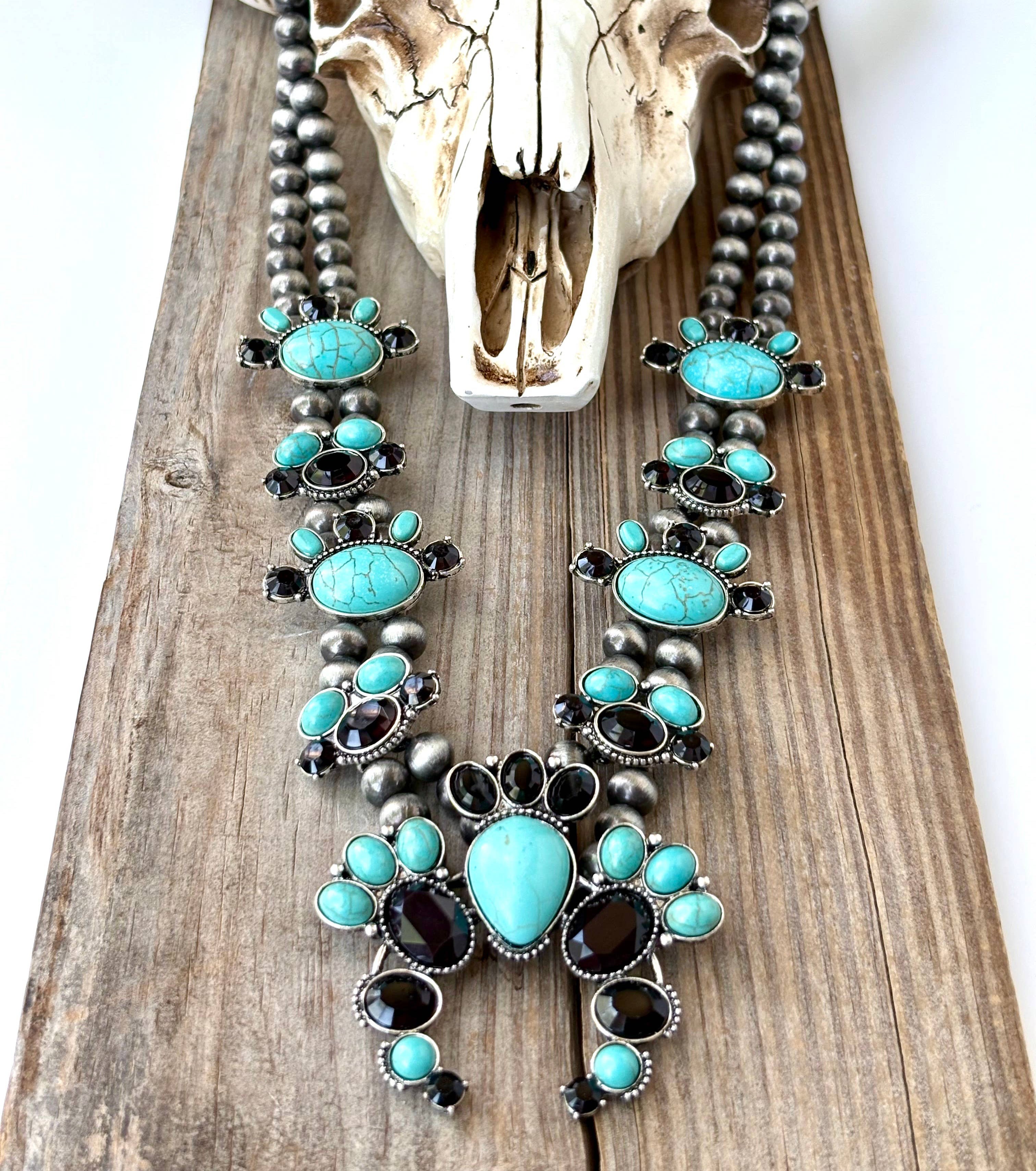 Western Squash Blossom Stone Pendant Navajo Pearl Necklace