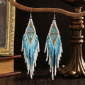 Beaded Earrings Blue-White Tassel