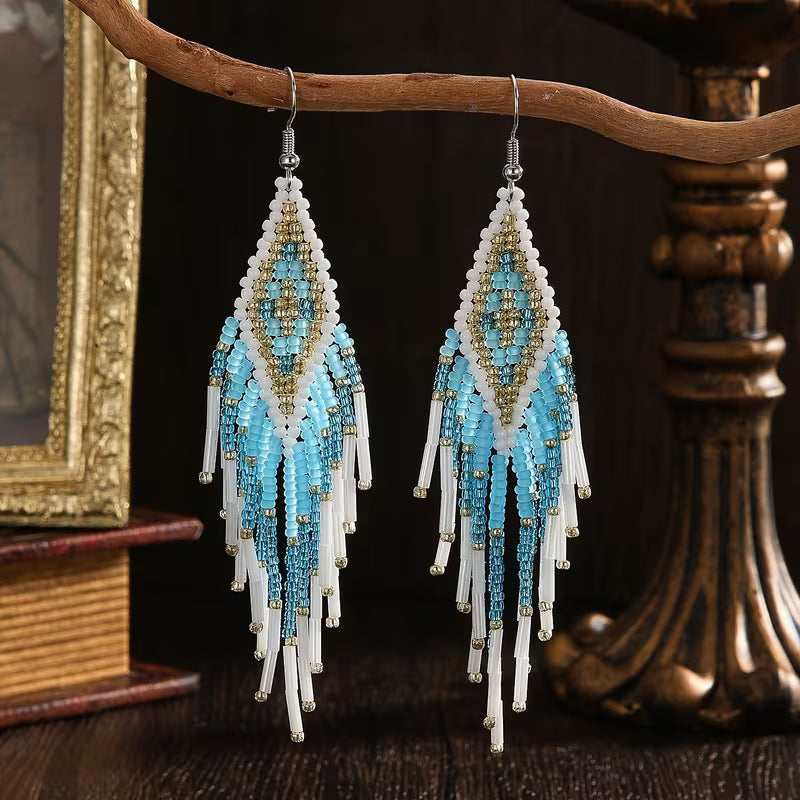 Beaded Earrings Blue-White Tassel