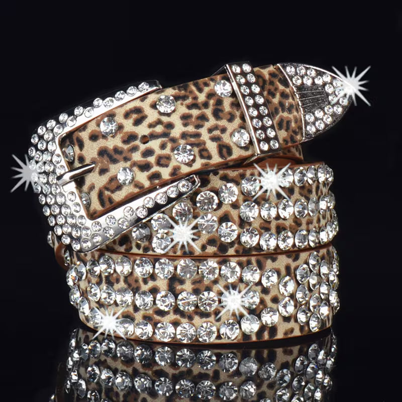 Leopard PU Rhinestone Belt