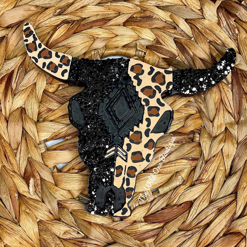 Black Cheetah Print Bull Skull Car Freshie