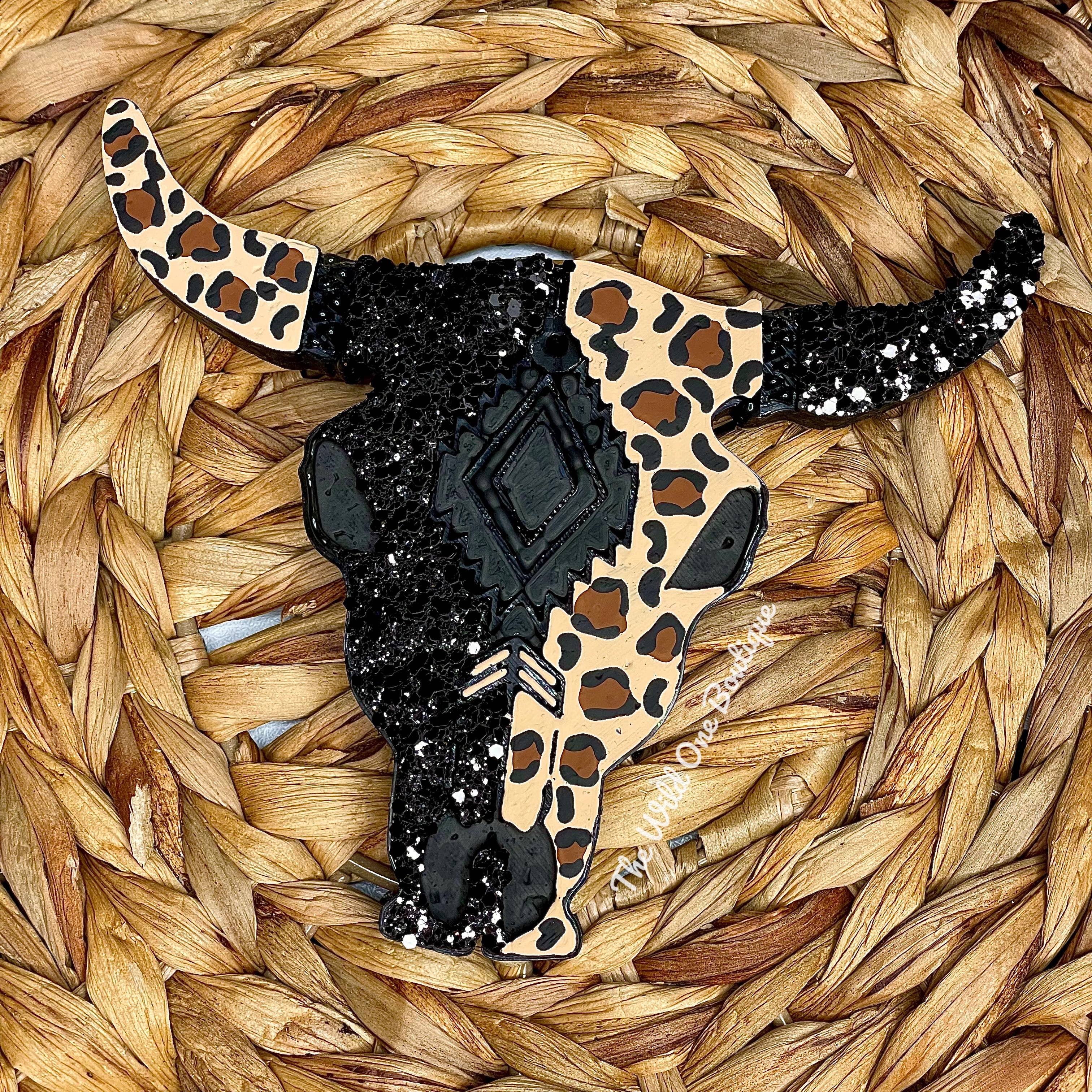 Black Cheetah Print Bull Skull Car Freshie