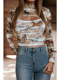 Wild Horses Print Hollow-Out High Neck Top