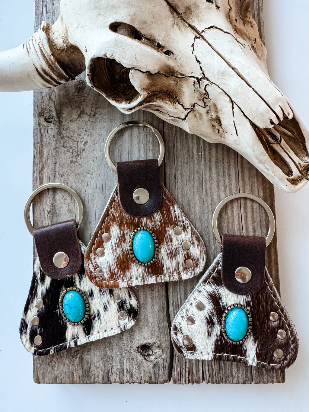 Western Hair On Cowhide Keychain Turquoise Stone