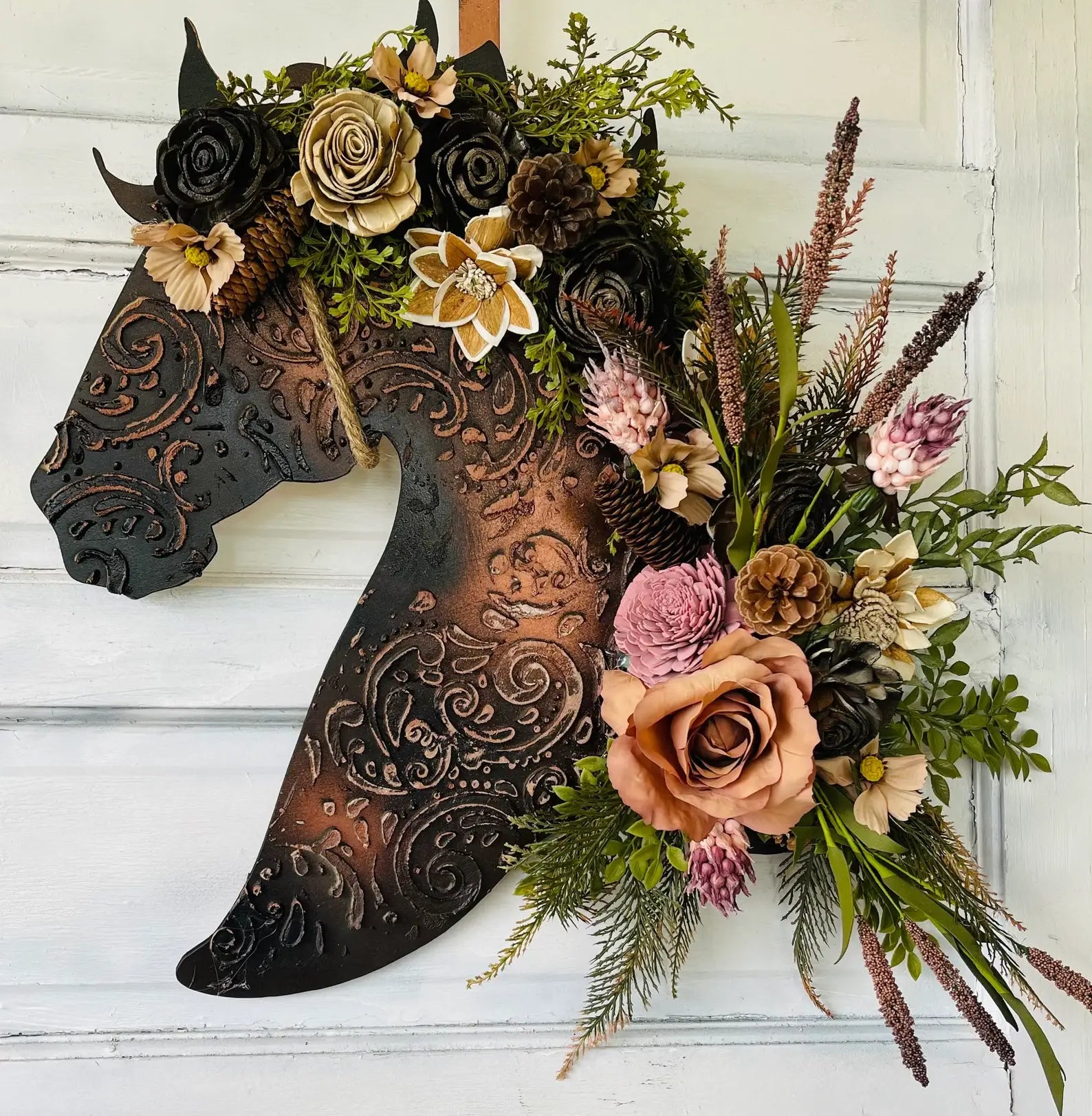 Leather Look Wood Flower Horse Head Wall Art Door Wreath