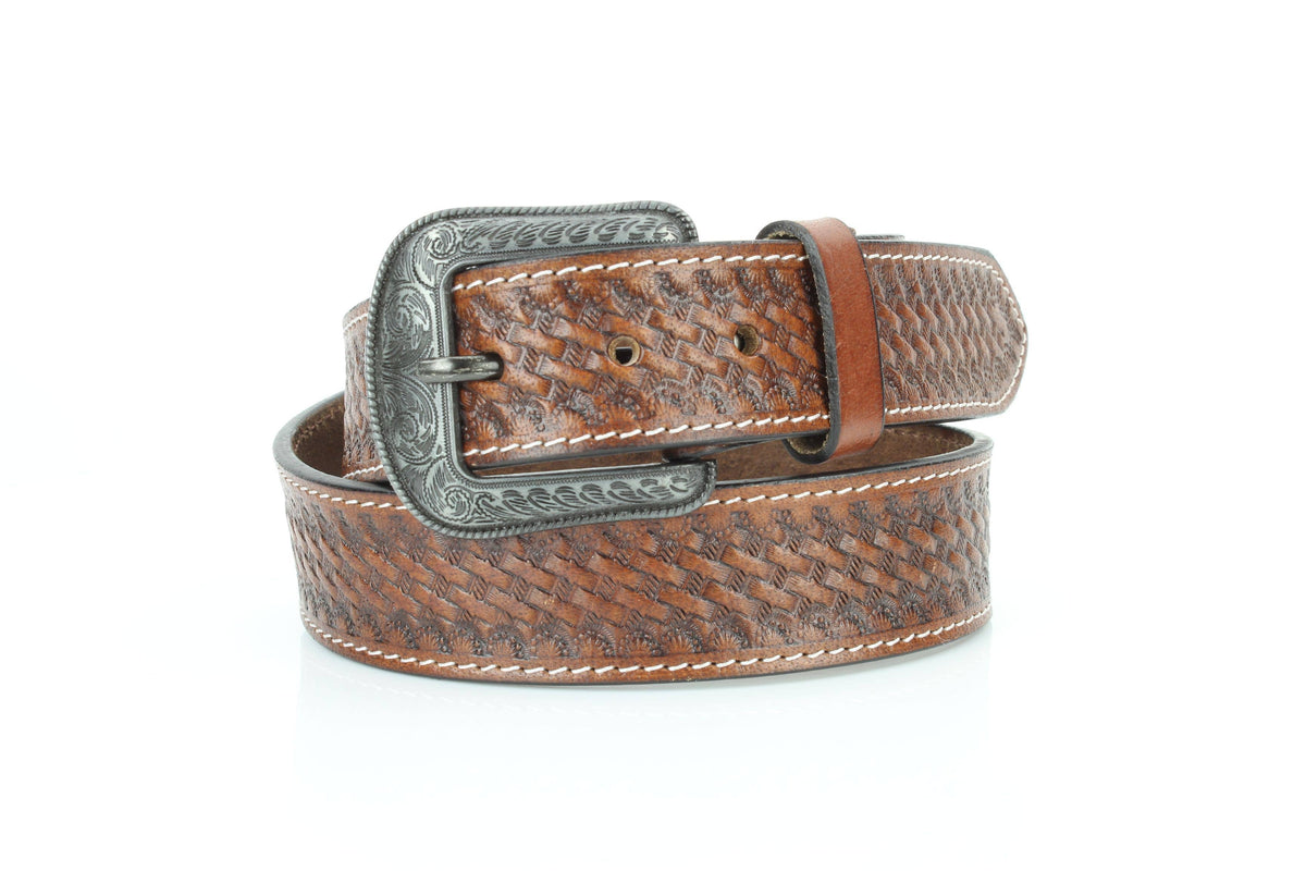 Basketweave Leather Belt with Floral Buckle