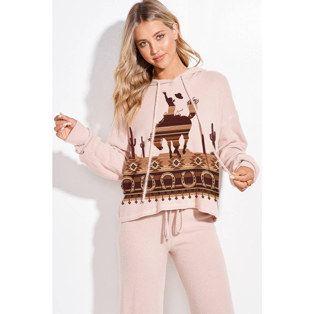 Western cowboy Print Rib Hoodie Loungewear Set