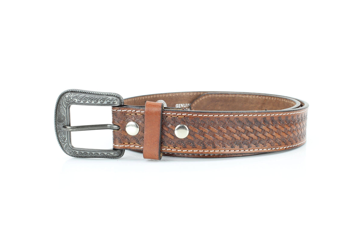 Basketweave Leather Belt with Floral Buckle