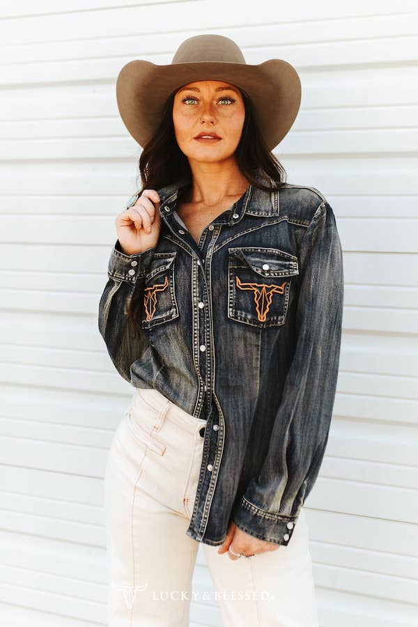 Vintage Denim Wash Cowskull Embroidered Pocket Shirt