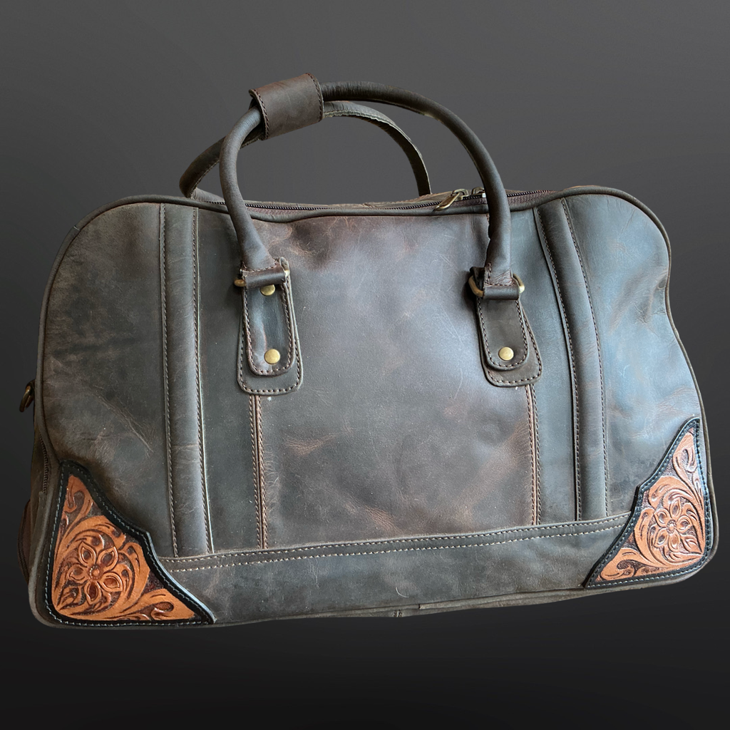 Western Tooled Leather Wheeled Duffel Bag Carry On