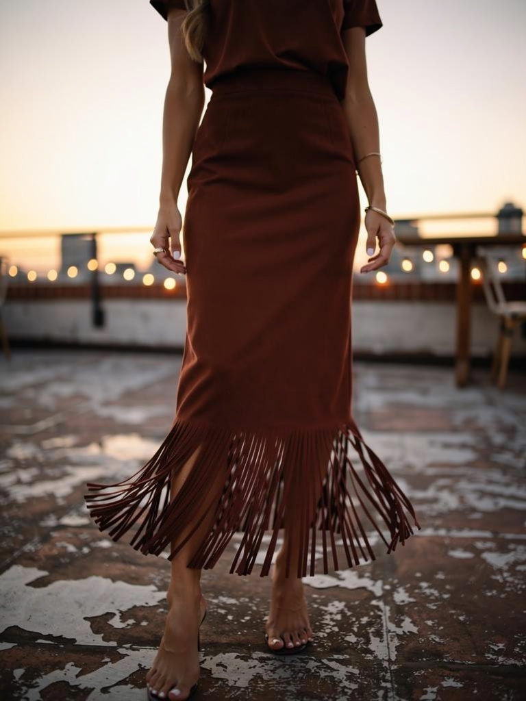 Velvet Feel Fringe Skirt Long